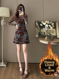 SUYE | Vintage French Floral Print Long Sleeve Velvet Dress Slim Fitting Warm