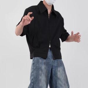 American Style Padded Shoulder Casual Short Sleeve Shirt Men Summer Khaki Double Zipper Slim Fit Short Coat Thin Outerwear