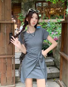 Casual summer temperament gray waist dress new style short sleeve round neck short skirt for women