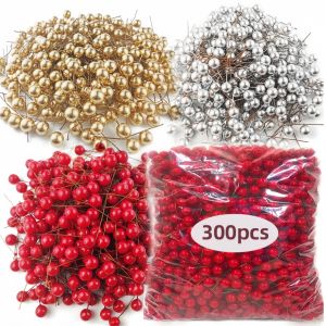 300pcs Mini Artificial Red Fake Berry Cherry for Christmas DIY Floral Wreath Ornament New Year Gift Box DIY Craft Use Home Decor