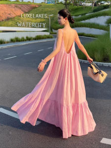 Summer New Style Large Swaying Pink Splice Casual Dress Sleeveless Loose Long Skirt round Collar Breathable Fabric Party Dress