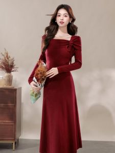 Red Knitted Dress French Hepburn Style Womens Autumn Winter New Wedding Dress Bridesmaid Dress Midi Dress Casual Wear