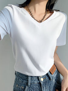 เสื้อยืดคอกว้างแขนสั้นผ้าฝ้ายหลวมๆ สีขาว ทรงหลวมๆ สำหรับผู้หญิง ช่วงฤดูร้อน เสื้อชั้นในลำลอง สไตล์เกาหลี เสื้อผ้าทำงาน