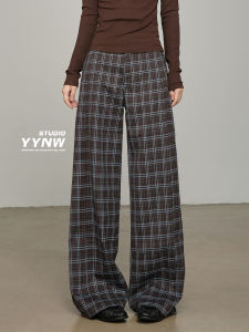 American Retro Plaid Wide Leg Pants Womens Casual Loose Comfortable High Waist Polyester Blend Fiber Elastic Stretchy