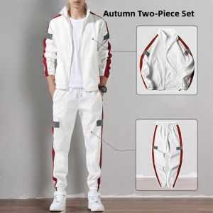ROMON | Romon Mens Casual Sports Set Autumn Season Handsome Stand Collar Jacket Running Two Piece Set Long Sleeve Long Pants Youth Polyester