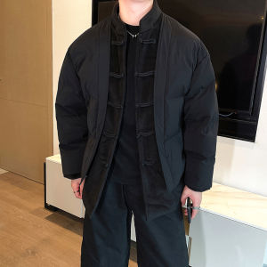 New Chinese Style Mens Thickened Cotton Jacket with Stand Collar Tang Costume Fake Two-Piece Button Design Winter Outerwear