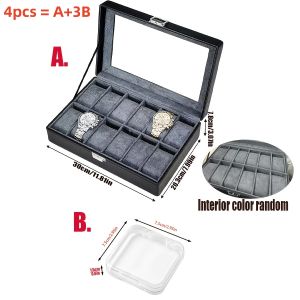 Hộp Đựng Đồng Hồ Da Cao Cấp Dành Cho Nam Có Khóa - Hộp Trưng Bày 12 Ngăn + 3 Hộp Đựng Dây Đeo Trong Suốt - Hộp Đựng Đồng Hồ Hình Chữ Nhật Chất Liệu Phối Hợp