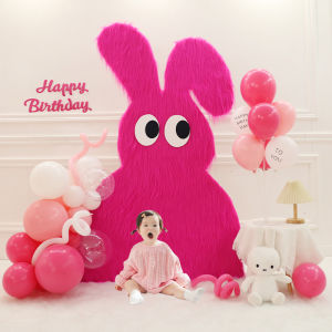 Adorable Pink Rabbit Long Plush Baby Birthday Full Moon One Year Old Anniversary Celebration Decoration Background Ornament