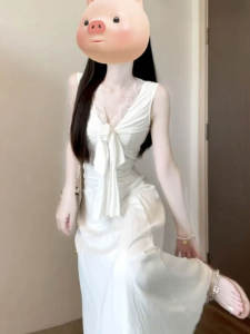 CHANGTONG | V-Neck Halter Maxi Dress Slim Fit