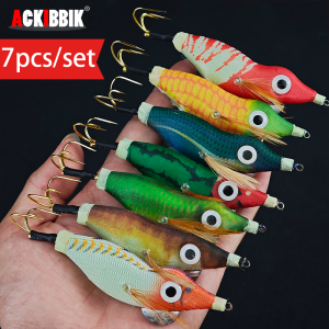 Ackibbik 7pcs Squid Jig Saltwater Fishing Lures Squids Jig Hooks Wrapped Shrimp Prawn Lures Pesca Cuttlefish Sleeve Squid Jigs