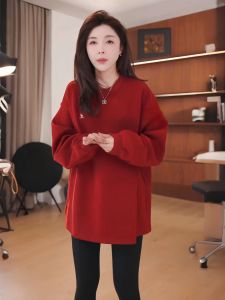 เสื้อฮู้ดคอตั้งมีฮู้ดแบบหนาปะการังสำหรับผู้หญิงในฤดูใบไม้ร่วงและฤดูหนาวปี 2024 สไตล์ลำลอง แขนยาว สีสันสดใส