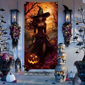 VIKAMA Halloween Witch Door Cover Decoration Tapestry Pumpkin Lights Castle Forest Background Party Living Room Decoration