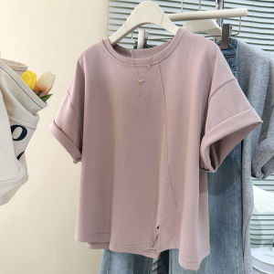 Slimming Loose Short Sleeve T-Shirt Womens Summer Fashion 2024 New Style Half Sleeve Asymmetrical Classic Cotton round Neck