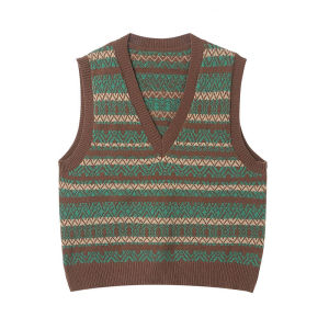 เสื้อกั๊กถักคอวีลายปักสีตัดกันสไตล์ย้อนยุค HUAAPPUW สำหรับผู้หญิง ฤดูใบไม้ร่วง 2025 ทรงหลวม ชั้นใน คอกลม แขนกุด