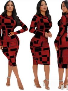 ชุดเดรสแขนยาวเข้ารูปพิมพ์ลายคอตั้งสำหรับผู้หญิง ชุดเดรสยาวปานกลางเข้ารูป แขนยาว คอตั้ง ชุดเดรสแฟชั่นฤดูใบไม้ร่วง