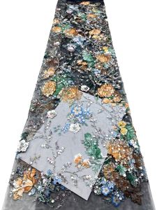 AT2725 Tulle Fabric Colorful 3D Floral Beaded Lace Heavy Sequins Embroidery Mesh Material For Wedding Evening Party Dress