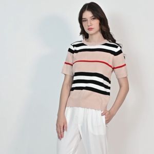 QUEENTIN Kaos Casual Wanita 6010 Rajut Knit Stripe Strecth Lengan Pendek