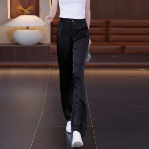 Casual Silk Suit Pants Women Summer Thin High Waist Drape Straight Loose Ice Silk Narrow Wide Leg Pants Commute Korean Style