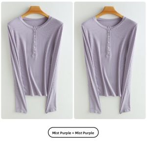 MiiOW | Slim Fit Long Sleeve T-Shirt Womens Spring Autumn Half Open Collar Button Ribbed Versatile Shoulder Length Base Shirt