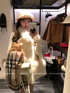 เสื้อโค้ทขนสัตว์สีพื้นยาวปานกลางสำหรับผู้หญิง Acaine เสื้อโค้ทขนสัตว์สไตล์ฝรั่งเศสย้อนยุคฤดูหนาว ดีไซน์เรียบง่าย สไตล์สาวไฮเอนด์