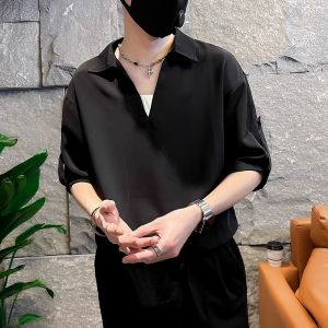 Summer Mens Polo Shirt V-Neck Solid Color Short Sleeve Casual Top Trendy Brand Youthful Loose Fit Iron-Free Processing