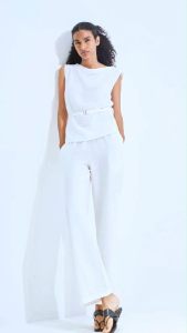 Set quần áo nữ Cotton tơ Apacup cổ đổ sát nách lịch sự màu trắng