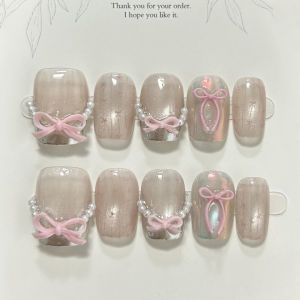 10 Pieces Cute White Peach Bubble Handmade Press On Nails Sweet Bow Pearl French Cat Eye Short Fake Nails Removable Reusable