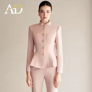 Pink Suit Set AD2025 Womens Slimming Wide Leg Pants Professional Two-Piece Set Spring Collection Long Sleeve Polyester Fiber
