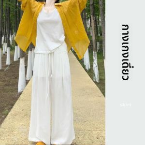 YUEZHONGWEI | เสื้อเชิ้ตผู้หญิงแขนยาวบางป้องกันแสงแดดสีเหลืองสไตล์ฝรั่งเศส ทรงหลวม ปกเสื้อเปิด ผ้าลินิน ผ้าไหม ทรงบาง สำหรับฤดูร้อน