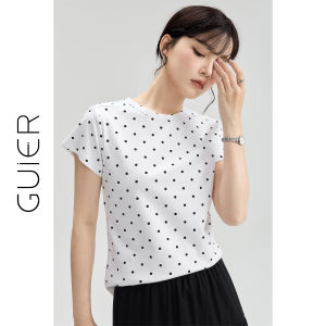 Guier Polka Dot Short Sleeve Womens T-shirt Slim Fit round Neck Summer Design Unique Style Regular Shoulder Length Top