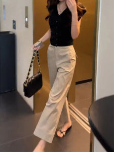 Shalldoer | Khaki Straight Leg Pants V Neck Short Sleeve T Shirt Two Piece Set Summer Fashionable Elegant Full Set New Arrival 2025