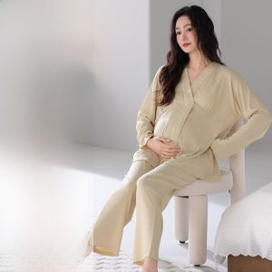 Miiow | Cat Lady Summer Sleepwear Set With Built-in Bra Pads Long Sleeve Pants Womens Home Clothes V-neck Polyester Blend Comfortable