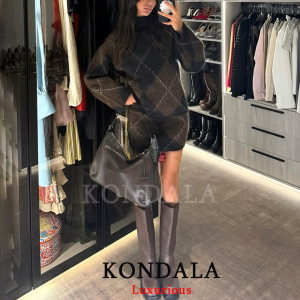KONDALA Vintage Plaid Knit Loose Suits Turtleneck Long Sleeve Loose Sweaters Sheath Mini Skirts Fashion 2025 Autumn Winter Sets
