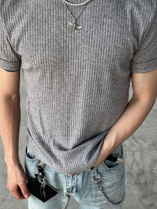 Mens Retro Style Short T-Shirt Clean Fit Simple High End Shirt Texture Stripe Pattern Shoulder Line Clear Summer Fashion