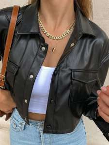 เสื้อแจ็คเก็ตหนังสีขาวสีดำสำหรับผู้หญิง ฤดูใบไม้ร่วง 2024 แขนยาว ปกตั้ง เสื้อคลุมกันหนาวแบบสวมหัว