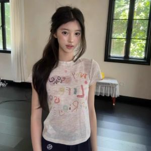 Áo Thun Nữ Tay Ngắn in Họa Tiết Graffiti Phong Cách Mỹ Mùa Hè Cổ Tròn Mỏng Ôm Vừa Vặn Thon Gọn Vai Áo Thun Thời Trang