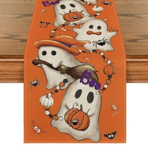 VIKAMA Halloween Table Runner Vải Lanh Chống Thấm Nước Dễ Thương Ma Mũ Phù Thủy Chổi Bí Ngô Nhện Trang Trí Cho Bàn Ăn Tiệc Gia Đình