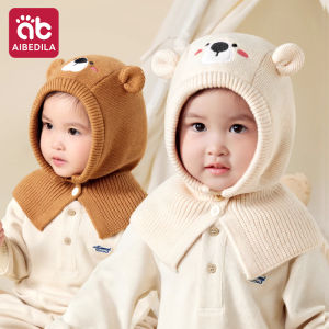 AIBEDILA | 2In1 One-Piece Kids Hat Scarf Winter Children Knitted Hats Solid Color Cute Cartoon Windproof Neck Warm Pullover Boys Girl 1-3Y