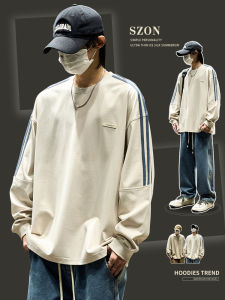 Loose Fit Long Sleeve Crew Neck Sweatshirt Mens T-Shirt Color Block Stripe Pattern Spring Fashionable Casual Cotton Top