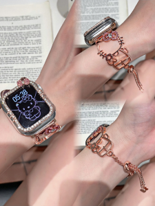 Creative Cute Cat Chain Diamond Watch Case Set Small Fragrance Style Iwatch8765432se Compatible All Models Smart Watch Band