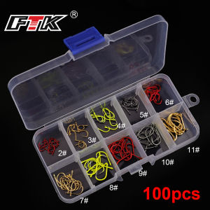 FTK 100Pcs Mix colors Fishing Hooks Set Carbon Steel Single Circle 2#-11# Fishing Hook Fly Fishing Barbed Carp Hooks Sea Tackle