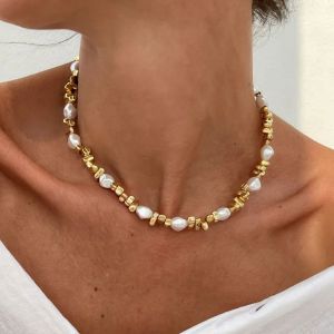 KunJoe Elegant Imitation Pearl Choker Necklace Women Retro Gold Color Acrylic Beads Chain Clavicle Necklace Party Daily Jewelry