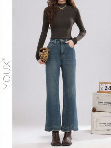YOUXIANG | Quần Jeans denim dáng Slim Fit ống thẳng màu xanh Vintage đã mài