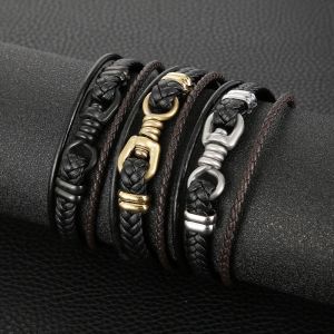 Kemstone Black Leather Braided Geometric Mens Bracelet - Stainless Steel Multilayer Handmade Jewelry
