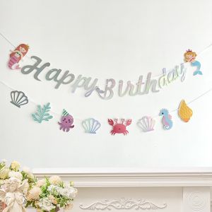Silver Ocean Style Birthday Garland "Happy Birthday" Banner with Marine Life Cutouts for Beach & Mermaid Parties