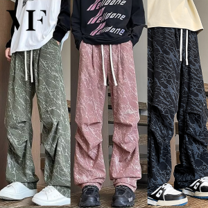 VFASION Quần dù xếp ly Quần vải nhung thẳng dáng rộng kiểu Mỹ thường ngày Pu đẹp trai Quần ống rộng