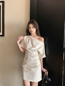 Off-shoulder Beige Elegant Short Dress Summer