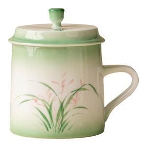 JISU | Gradient Green Orchid Design Ceramic Mug with Lid