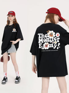 Black Loose Short Sleeve T-Shirt Womens Fashion Shoulder Design Summer Casual Cotton Top Street Style Creative Cartoon Print