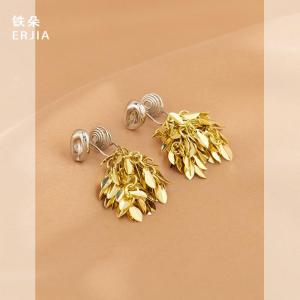Trendy Tassel Earrings Metal Leaf Design No Piercing Required Mosquito Coil Tray Ear Clip Fashionable Color Block Style